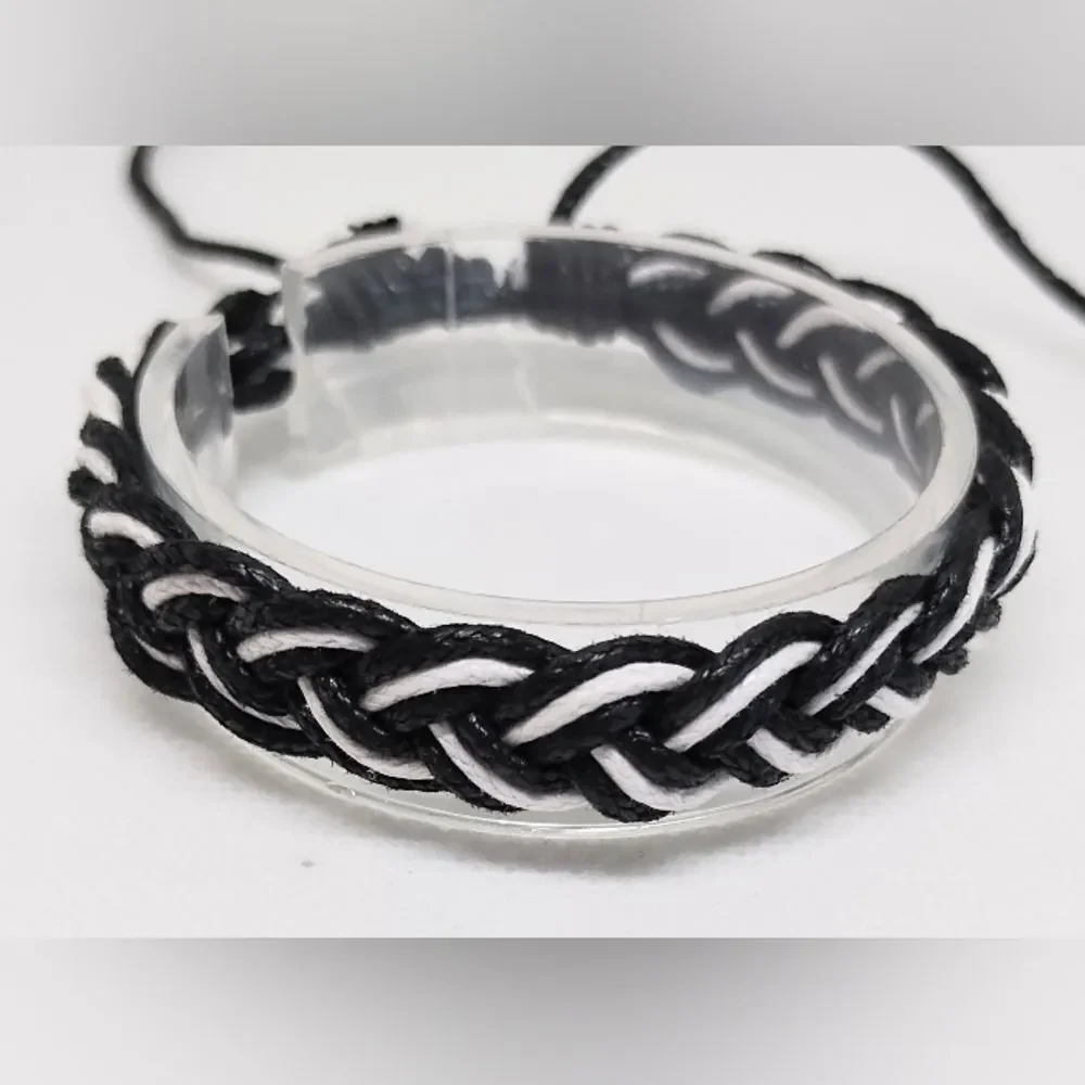 Men's Leather Bracelet Braided‎ Black White F1